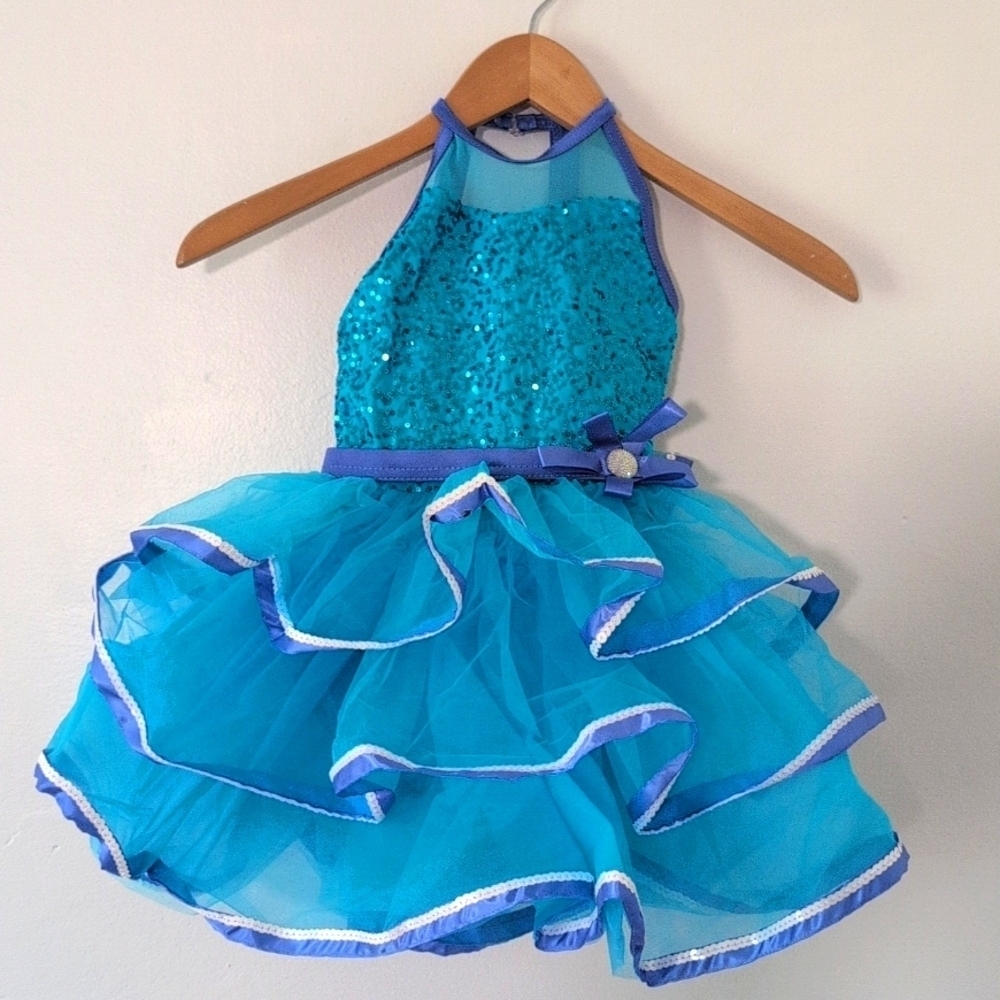 New Weissman Blue Turquise Sequin Dance Costume Ruffled Skirt Halter Top XS
